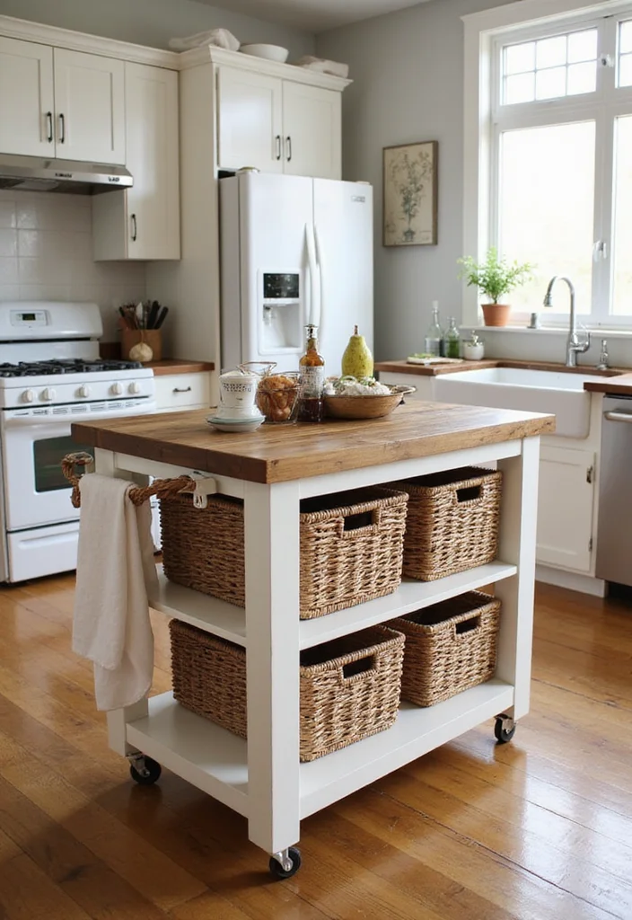 12 Mobile Kitchen Island Ideas for Flexible Prep and Storage - 7. Farmhouse Style with Storage Baskets