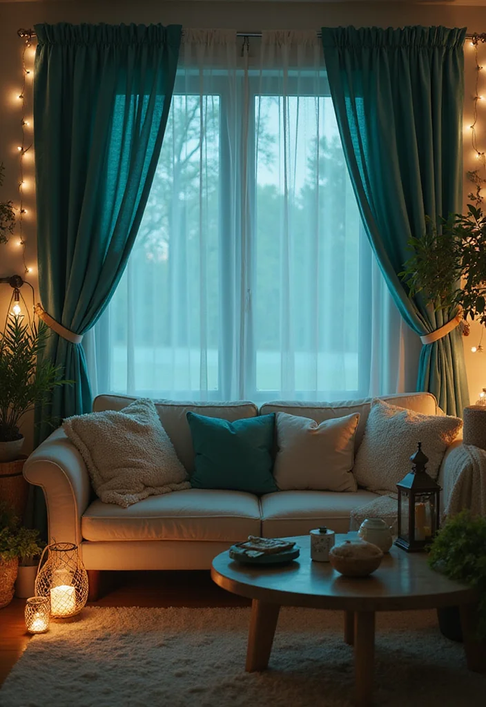 12 Teal Curtains Living Room Ideas for Fresh Rich Color - 10. Romantic Elegance with Soft Lighting