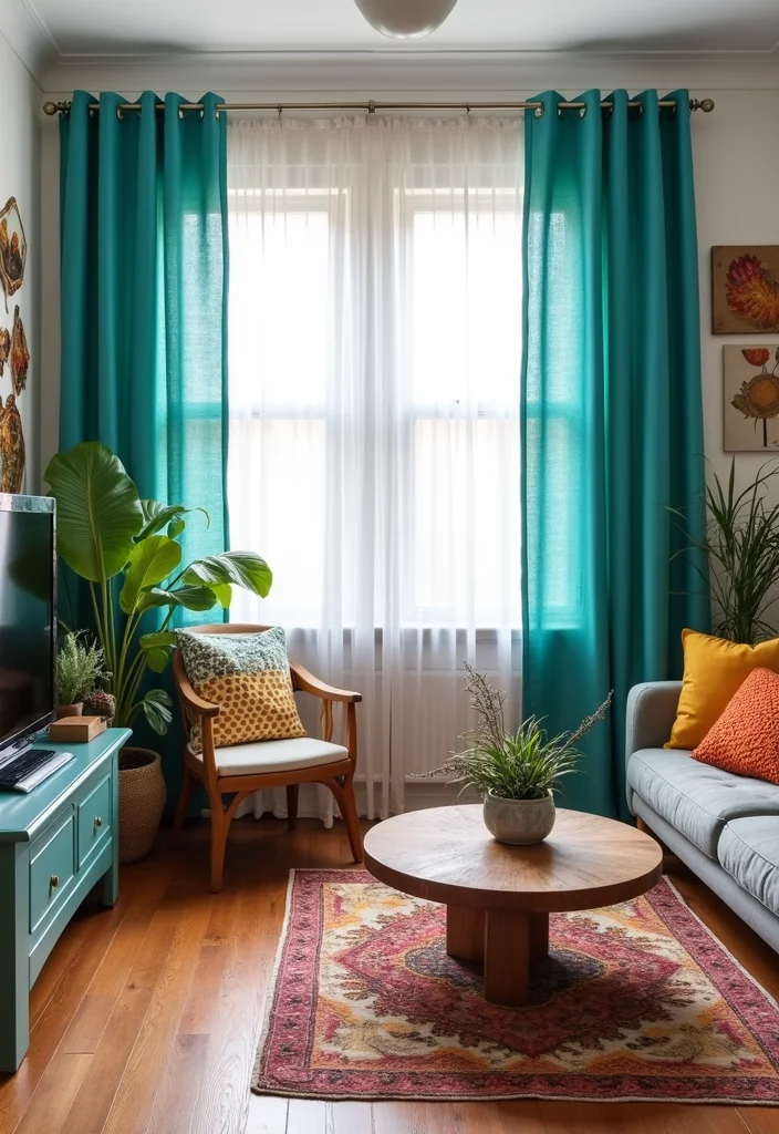 12 Teal Curtains Living Room Ideas for Fresh Rich Color - 12. Artistic Flair with DIY Decor