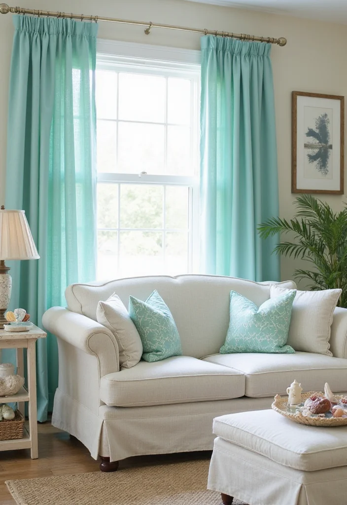 12 Teal Curtains Living Room Ideas for Fresh Rich Color - 2. Coastal Charm with Nautical Accents