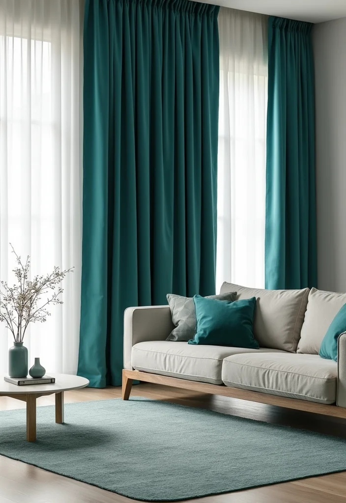 12 Teal Curtains Living Room Ideas for Fresh Rich Color - 3. Modern Minimalism with Bold Teal