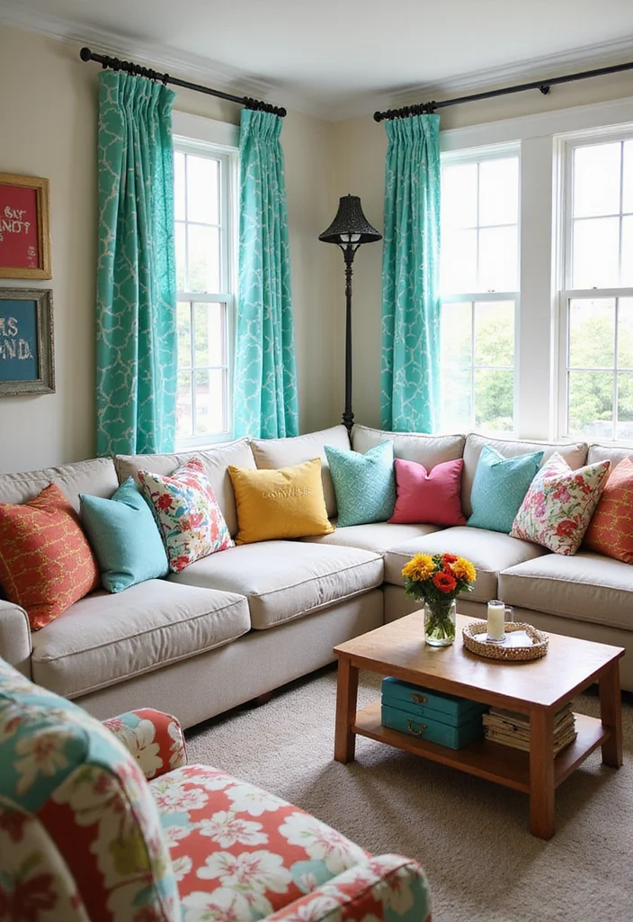 12 Teal Curtains Living Room Ideas for Fresh Rich Color - 5. Playful Patterns for a Fun Touch