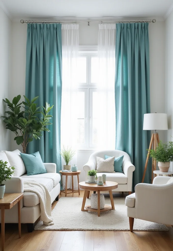 12 Teal Curtains Living Room Ideas for Fresh Rich Color - 7. Fresh and Crisp with White Accents