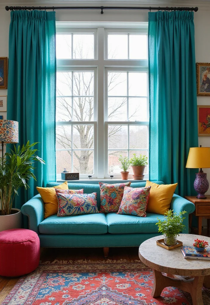 12 Teal Curtains Living Room Ideas for Fresh Rich Color - 8. Eclectic Mix with Colorful Accessories