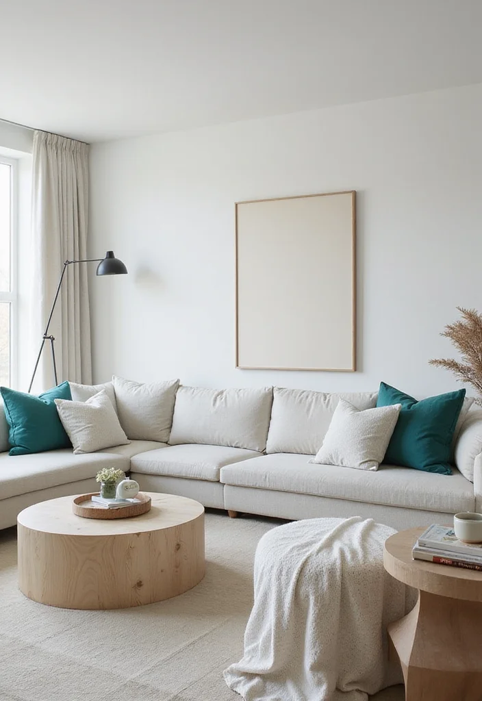 12 Teal Curtains Living Room Ideas for Fresh Rich Color - 9. Minimalist Neutrals with Teal Highlights