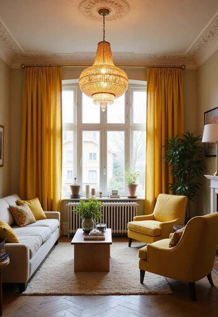 12 Yellow Curtains Living Room Ideas for Bright Cheerful Warmth - 11. Statement Light Fixtures