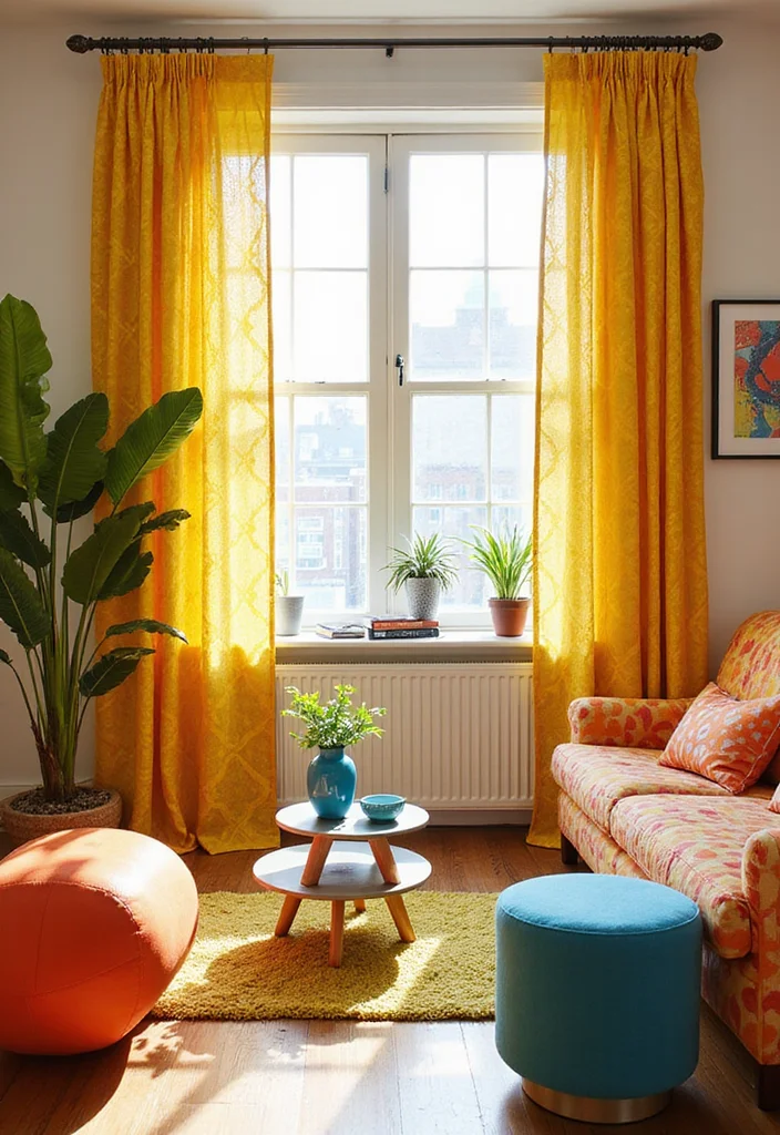 12 Yellow Curtains Living Room Ideas for Bright Cheerful Warmth - 3. Patterned Yellow Curtains for Playful Vibes