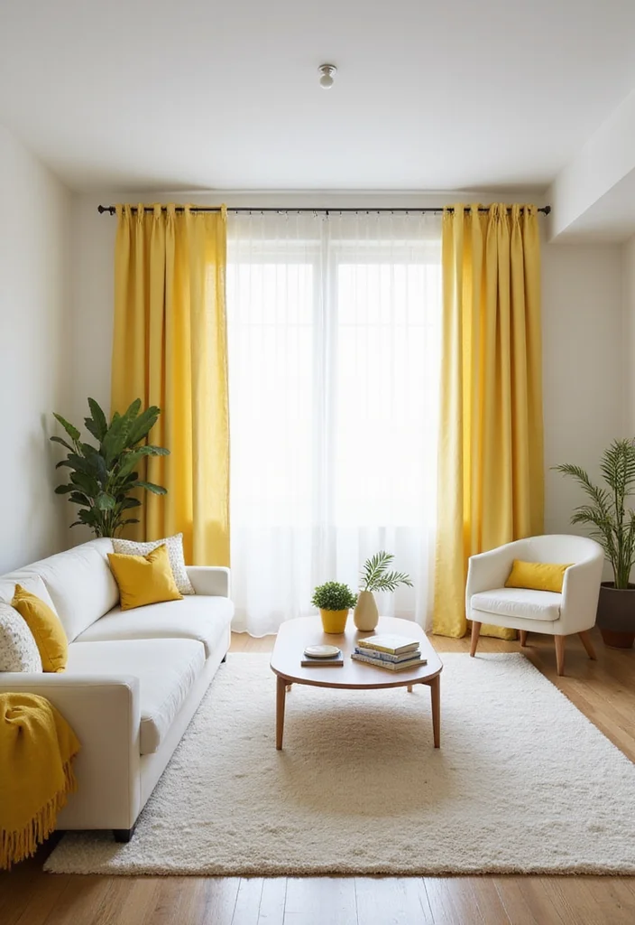 12 Yellow Curtains Living Room Ideas for Bright Cheerful Warmth - 7. Minimalist Yellow Accents