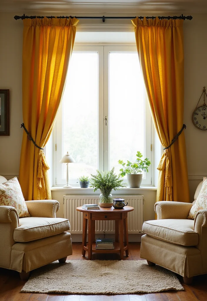 12 Yellow Curtains Living Room Ideas for Bright Cheerful Warmth - 8. Yellow Bow Tie-Backs for Charm