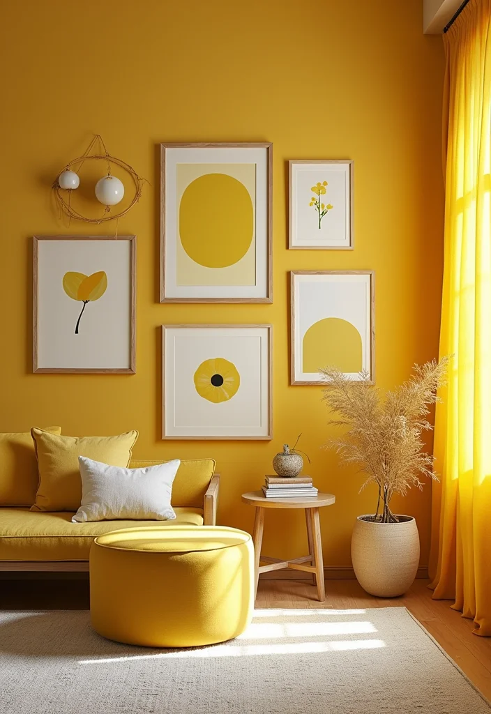 12 Yellow Curtains Living Room Ideas for Bright Cheerful Warmth - 9. Gallery Wall with Yellow Accents