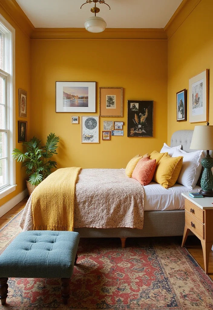 12 Yellow Walls Bedroom Ideas for Bright Cheerful Warmth - 10. Soft Goldenrod with Eclectic Accents