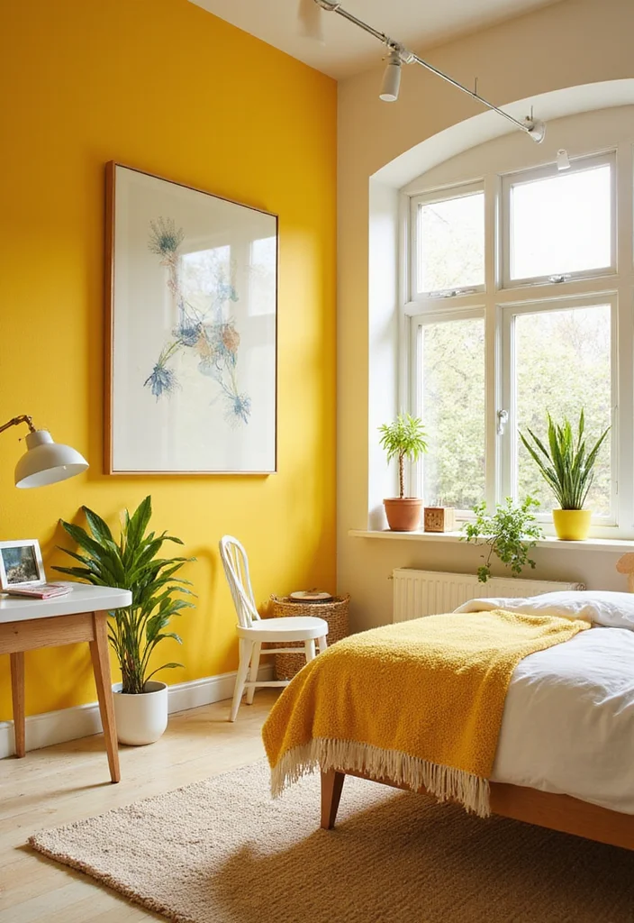 12 Yellow Walls Bedroom Ideas for Bright Cheerful Warmth - 12. Cheerful Sunny Yellow with White Trim