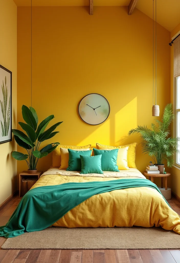12 Yellow Walls Bedroom Ideas for Bright Cheerful Warmth - 5. Tropical Sun Yellow with Green Accents