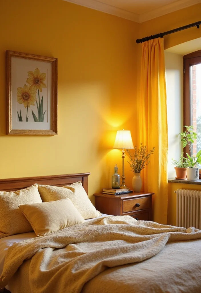 12 Yellow Walls Bedroom Ideas for Bright Cheerful Warmth - 6. Warm Daffodil Yellow for a Cozy Feel