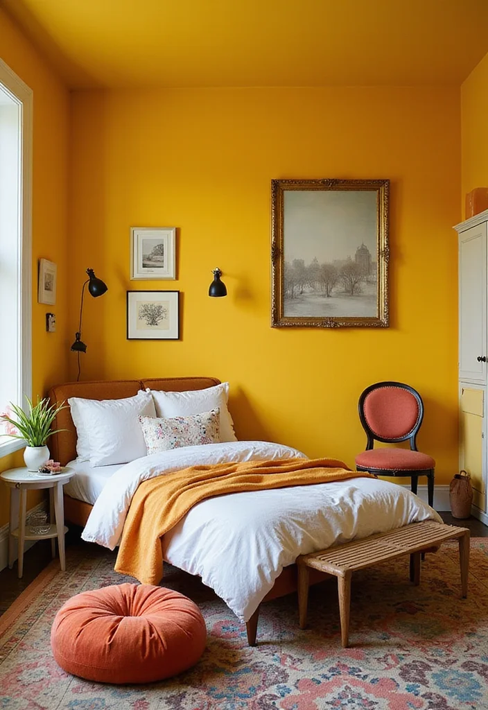 12 Yellow Walls Bedroom Ideas for Bright Cheerful Warmth - 9. Vibrant Marigold for a Bold Statement