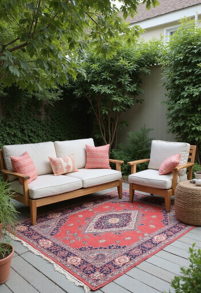 14 Backyard and Patio Ideas for Comfortable Practical Outdoor Living - 10. Comfortable Outdoor Rugs