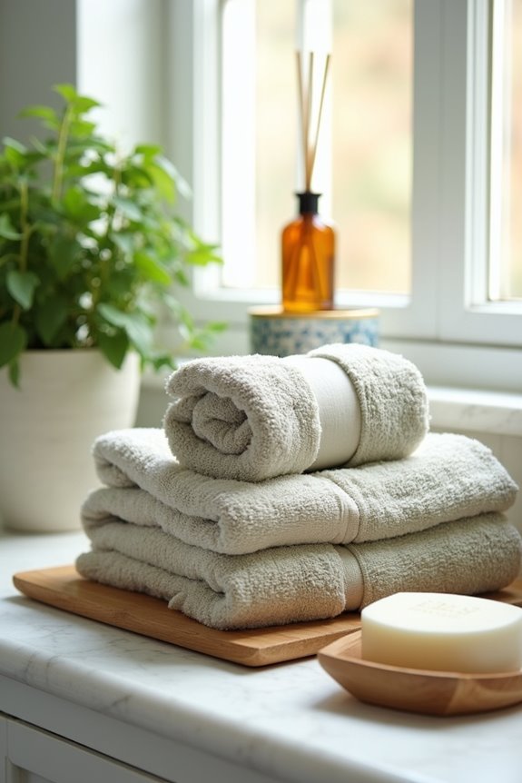 spa inspired vanity vignette towels candles tray